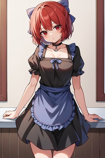 score_9, score_7_up, source_anime, indoors, standing, looking at viewer, head tilt
BREAK
1girl, solo, sekibanki, red hair, red eyes, blue bow, black dress, apron, black choker
 <lora:sekibanki:1>