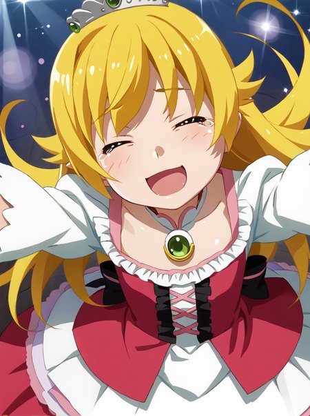 detailed background, shiny skin, posing, rating safe,
<lora:watanabe.pony:1>,
watanabe,  shinobu,
idol costume,
dress, long sleeves, gloves, frill, lace, 
stage, singing, closed eyes, 
tears, looking at viewer, closed mouth, tear drops,  sad smile, head tilt, reaching arms, open mouth, high angle,