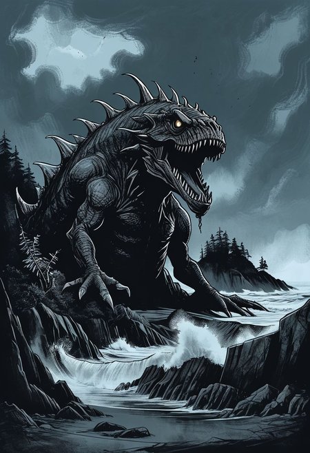 concept art, ink art, 
Giant sea monster beached on a island on a dark stormy day, waves,