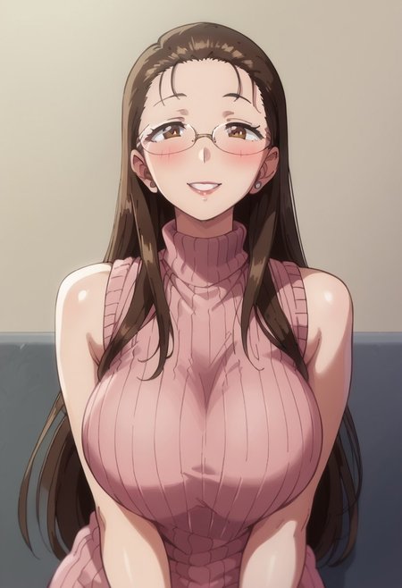 score_9, score_8_up, score_7_up, score_6_up, source_cartoon, 1girl, 
 sexy hips , blush,smile, solo, TomoeKisaragi,1girl,brown hair,long hair,forehead,brown eyes,eyewear, huge breasts, turtleneck,pink ribbed sweater,sleeveless, upper body