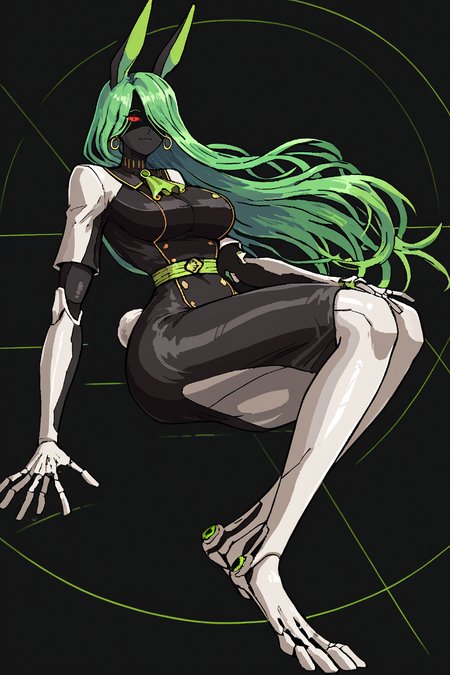 score_9, score_8_up, score_7_up, score_6_up, score_5_up, score_4_up, BREAK, source_anime, solo, 1girl, rating_safe, ((mature female)), ((long green flowing hair)), mechanical parts, ((plastic, polymer, metal body)), (big mechanical rabbit ears), mature female, (bunny ears), (animal ears), subdermal port, ((milf, mature female, big breasts)), hexagon lines in skin, naval uniform overcoat, naval uniform, white military uniform, dress_uniform, ribbons, ((red eyes)), bunny tail, rabbit tail, aiguillette, ((green hair)), ascot, ((Ground level (from the side) view medium Close shot (focus on waist), Lying on the back, feet in the air as if walking on the ceiling )), pilot suit, shoulder cutout, bunny rabbit Tail, ((hair over one eye, )), digitigrade, clawed feet, minimal clothes, ((metal skin, shiny skin, vampire aesthetic, digital eyes, filled eyes, monochromatic eyes, glowing eyes, colored sclera, red sclera, mechanical eyes, partially shaded face, slit pupils, angular, minimal face, minimalism, narrow eyes, large eyes)), (anubis \(mythology\), anubis \(mythology\), ), <lora:Pony_DetailV2.0:1.5>, <lora:age_slider_v4:4>, ((dark, shaded, black background, horror, GREEN HAIR,)) <lora:ECHANIS:0.7>,  <lora:Valmardraws:1> by valmardraws, pixel art
