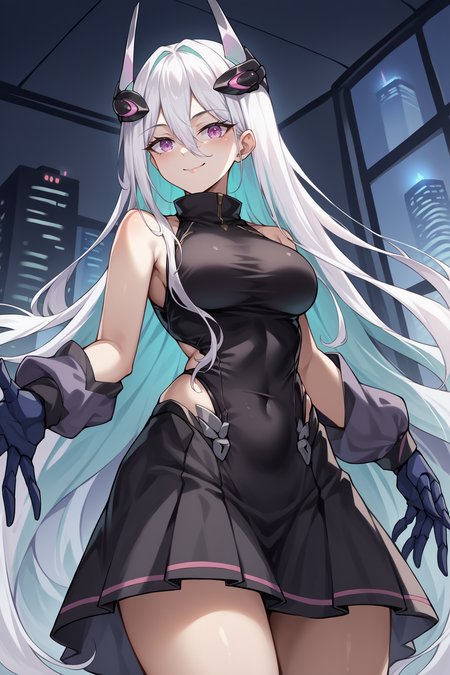 score_9, score_8_up, score_7_up, , rating_general ,1girl , kearsd, hair between eyes, absurdly long hair, multicolored hair, absurdly long hair, mechanical hands, (lace black sleeveless turtleneck dress:1.1),  high-low skirt , dynamic angle , source_anime, <lora:KearsargePDCAME AL-000006:1>,  cowboy shot, indoors, naughty face, smile, night, skyscraper,