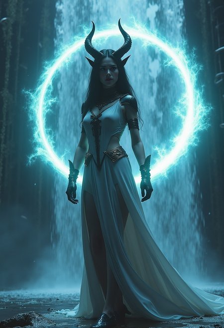 score_9, score_8_up, score_8_up, ((Cinematic composition)),((masterpiece)), (resplendent lighting), absurdres, very fine detail, 8k. 
(1girl, beautiful girl, futuristic half human and half demoness) in an action spell-casting pose, summoning her magics, glowing light swirl in orbit around her, sly smile. Beautiful and dangerous atmosphere. Standing in water gushing like waterfalls from high up the building. Resplendent spotlight highlighting, cinematic composition and lighting. Masterpiece,