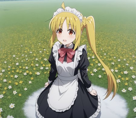 score_9, score_8_up, score_7_up, highres, hi res, best quality, masterpiece, 2d, intricate details, 4k, anime coloring, shadow, uncensored,
1girl, solo, female, :3, long hair, blonde hair, red eyes, ahoge, sidelocks, side ponytail, detached ahoge,
maid headdress, maid, maid apron, long sleeves, black dress, frills, frilled dress, frilled skirt, frilled sleeves, long dress, 
cowboy shot, three-quarter portrait, facing viewer, front view, standing, 
flower field, outdoors, grass, on grass, depth of field, motion blur, <lora:Nijika_Ijichi_1024_Pony:1>, ijichi nijika, bocchi the rock!,