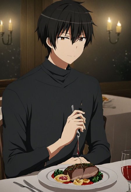 high resolution, solo, best quality, 1Boy, Kanie Seiya, Black Hair, dating, romantic, dinner, OverallDetail