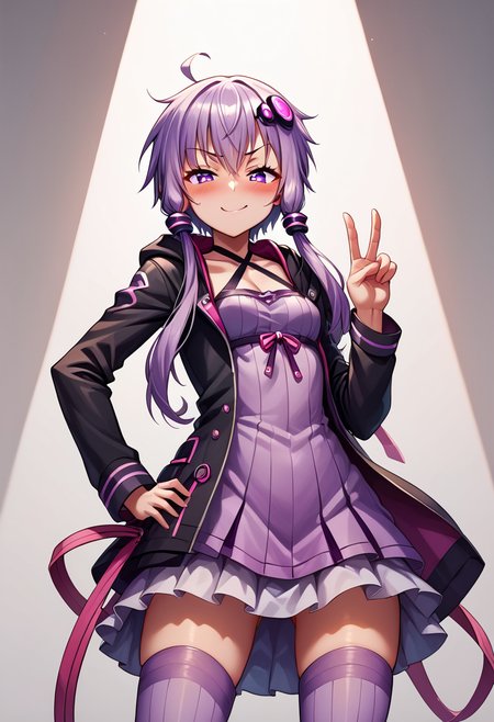 score_9, score_8_up, score_7_up, source_anime, BREAK
<lora:YuzukiYukari_MMD_V1:0.9> yuzuki yukari, purple eyes, small breasts,  
short hair with long locks, purple hair, hair ornament,
black criss-cross halter, purple dress, purple thighhighs, black jacket, hooded jacket, long sleeves, 
((white background, simple bacground,,))
1girl,  ((cowboy shot)),from below,, looking down,, looking back,
smug, smirk, blush, peace sign, double peace sign,