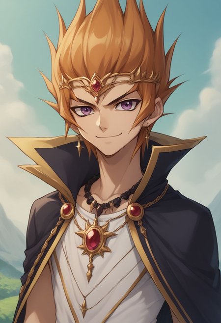 score_9, score_8_up, source_anime, highly detailed, 
rei, 1boy, male focus, solo, purple eyes, jewelry, earrings, smile, cape, orange hair, crown, upper body, necklace, blonde hair, smirk, evil, circlet,
outdoor,