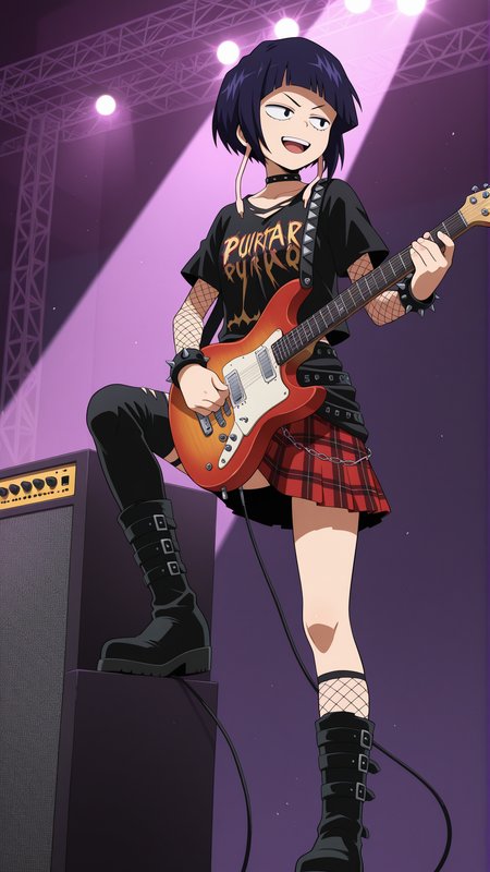 masterpiece, best quality, absurdres, amazing quality,  1girl, solo, <lora:IlluJirou:1> illujiro, short hair, bangs, long earlobes, purple hair, black hair, black eyes, punk, spiked bracelet, choker, fishnet sleeves, short sleeves, plaid, skirt, thighhighs, uneven legwear, stage, holding instrument, guitar, smile, open mouth, happy, knee up, boots, standing, speaker, serious, v-shaped eyebrows,
