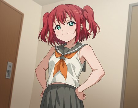 score_9, score_8_up, score_7_up, source_anime, <lora:ruby-kurosawa-s2-ponyxl-lora-nochekaiser:1>, ruby kurosawa, short hair, bangs, green eyes, red hair, aqua eyes, two side up,, shirt, school uniform, white shirt, serafuku, neckerchief, uranohoshi school uniform, orange neckerchief, sleeveless, skirt, pleated skirt, grey skirt,, indoors, smug, smile, looking at viewer, solo, hands on hips,, cowboy shot, dutch angle