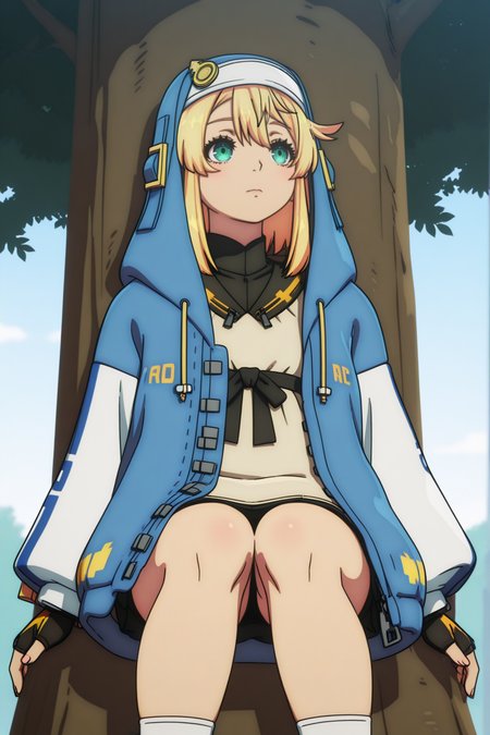 anime style, anime coloring,  Bridget, otoko no ko, Resting against a tree or pole with a sultry posture <lora:Guilty_Gear_Strive_-_Dual_Rulers_-_Bridget_-_illustrious:0.8>