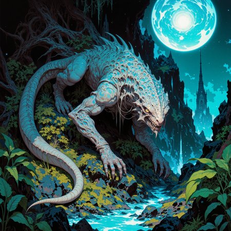 incredible and mythical scenery on a distant world, famous artwork inspired by wayne reynolds and anna dittmann and henry higginbotham and phil foglio, in the heart of the jungle on planet "xinderdousen prime," the "resilient jabbergompf" with its rearmorgled scales and its karvyturbled, glowing eyes prowls through the shadows, surrounded by the ancient overgrown ruins of the inkorguffles and swirling pools of flibberjib, creature focus, very aesthetic, extremely detailed, ultra high resolution, 8k, 4k, harmonising colors, dark amethyst purple and bordeaux red and ivory and peacock blue and ebony black and deep teal, ovg, in the style of ckpf, amanoer, <lora:style-painterly_fantasy-flux-by_chronoknight:0.84> <lora:style-retro_anime-flux-by_lizardman245:0.28> <lora:style-yoshitaka_amano-elden_ring-flux-by_alicient:0.72>