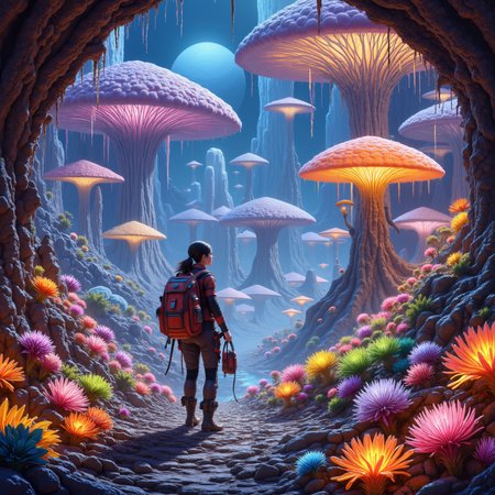 A brave woman exploring a vibrant alien world, engaging with advanced technology and friendly alien civilizations, showcasing futuristic landscapes filled with glowing flora and intricate architecture.