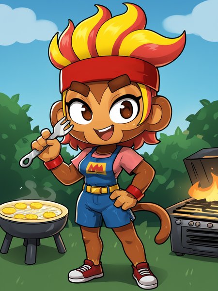 score_6_up,highres,<lora:btd6.v2:0.8>, furry, monkey, btd6, no nose, tail, 1girl, breasts,gwendolin, two-tone hair, red hair, (yellow hair:0.6),red headband, blue overall,(pink shirts:0.6),solo,happy,brown eyes, chibi, red bracelet, yellow belt,one barbecue grill,sky,bushes,hand on own hip, holding fork