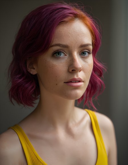 realistic skin texture, freckles, hasselblad H5D-50c, realistic photo of a beautiful woman with medium length magenta hair in a vintage used look yellow tank top, in the style of stefan kostic, realistic, half body shot, sharp focus, 8k high definition, insanely detailed, intricate, elegant, art by stanley lau and artgerm, extreme blur cherry blossoms background