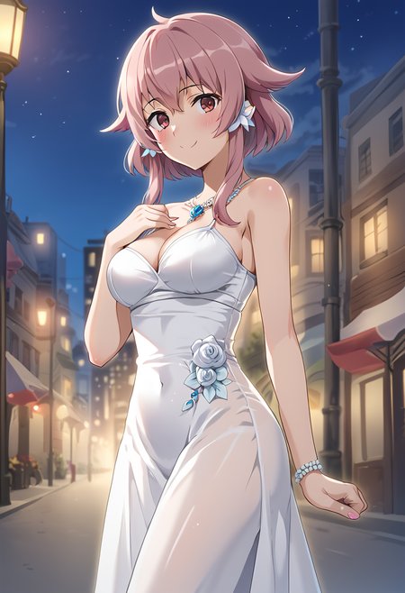emma_flores, pink eyes, long hair, sidelocks, pink hair, medium breasts, white dress, elegant dress,  long dress, BREAK outdoors, city street, night, BREAK looking at viewer, blush, embarassed face, smile,  cowboy shot, from side, BREAK score_9, score_8_up, score_7_up, source_anime ,zPDXL, perfect hand,  <lora:Emma_Flores:0.8>