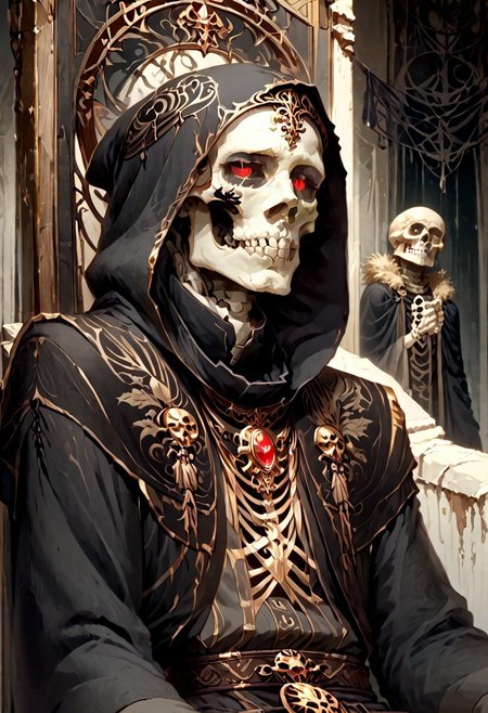 8k, score_9, score_8_up, score_7_up, Art Noveau, masterpiece, 1man (skeleton), (skull face), empty eye sockets, glowing red eyes, grey skin,
intricate black robe, intricate gold sash, black pants, black hood, gold trim, black capelet, high collar, no ears, long sleeves, long intricate gloves, emerald amulet. bracers,
sitting on throne, dark ruined palace, indoors,
1dk, portrait, Art Noveau, Noveau, skeleton, glowing eyes, black sclera, empty eyes, FFAOR, sharp_LASCALAE, ultra sharp focus,