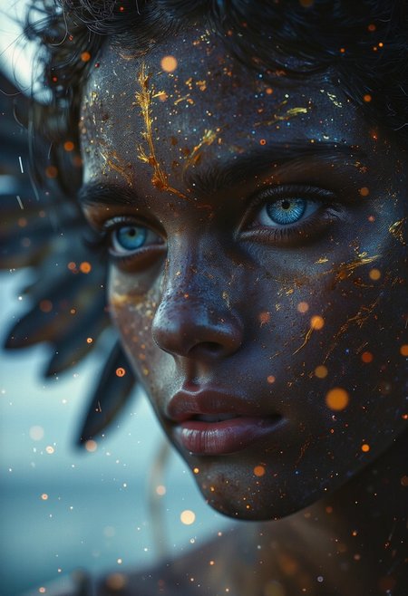 The Dark Angel hovers above the earth. Anxious expression on face and gaze. Concept art by Pino Daney, Jeremy Mann, Greg Rutkowski, Konstantin Razumov, Realistic portrait of a dark angel, close-up, with soft blue eyes, golden spirit, golden threads, beautiful natural landscape with sea background, key light reflected into the eyes, painted background, studio portrait, soft light, oblique lighting, eye twinkle, background bokeh, painterly, (face detail: 1.3), (eye detail: 1.3 8K, Ultra-HD, stunning, breathtaking beauty, pure perfection, divine presence, unforgettable, impressive, breathtaking beauty, volumetric light, auras, rays, symmetry, colored, intricate, volumetric lighting, masterpiece, sharp focus, ultra-detailed in the style of Dan Mumford and Mark Simonetti, astrophotography.
