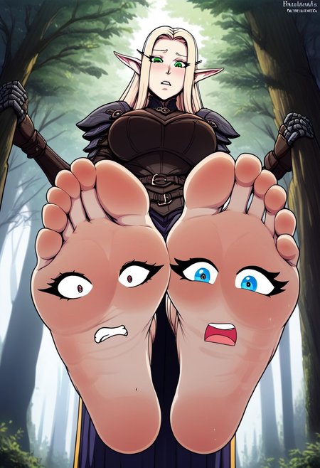 PONYXL_WaifuFeetPics_ownwaifu blonde elf girl in forest at night. wearing leather armor with bare feet, feet soles toes, feet on display, magical sparkles around soles. sentient feet, female faces on soles. worried faces on soles. sentient feet. feet come to life. bold colors. detailed shading. sexy feet. extreme perspective. view from below. elf standing over viewer.