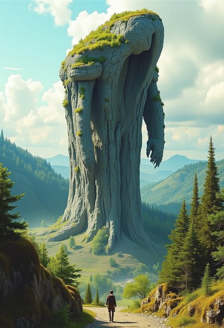 Beauty, realism, cinematography, chiaroscuro, rays of light, play of shadow and light, cinematic quality, Cinematic style. 
(A color ink sketch by Moebius, Katsuya Terada, Jeffrey Catherine Jones), a wanderer meeting an ancient giant rock automaton with foliage growing all over her body, female Titan monster like a hunched over crone, lumbering, bent over, crooked back, hulking shoulders. like a living hill, towering, view from below, an angle that enhances the feeling of seeing something truly awesome and ancient, a landscape of forested hills, cloudy sky