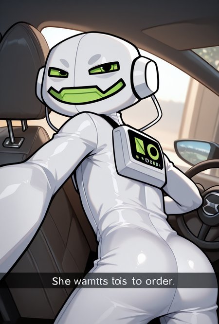 <lora:echoecho-10:1> echoecho, male focus, 1boy, no humans, white bodysuit, green eyes, green mouth, smile,  <lora:He_wants_to_order__Meme_Concept_Pose__IllustriousXL_and_NoobAI:1> hewantstoorder, snapchat, english text, looking at viewer, from behind, car interior, masterpiece, best quality, amazing quality, very aesthetic, absurdres, newest,