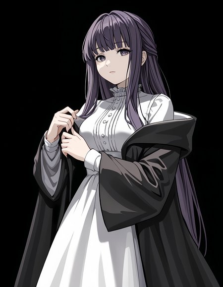 <lora:Frern:1>f3rn, 1girl, purple hair, long hair, white dress, long sleeves, black background, simple background, frilled collar, closed mouth, black coat, looking at viewer, long dress, black robe, frills, off shoulder