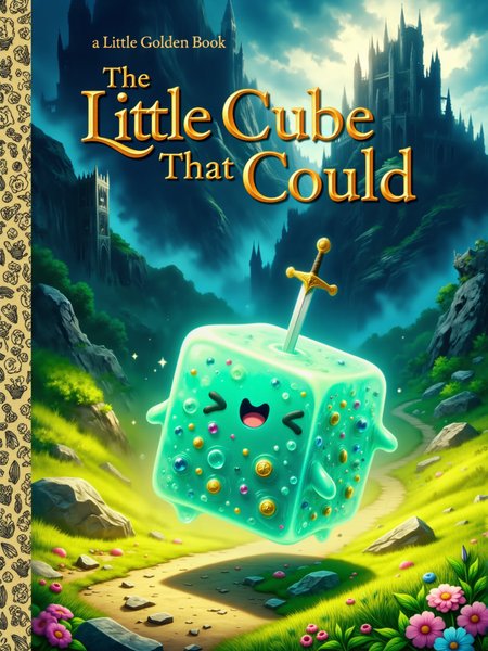 the front cover of a book in the "a Little Golden Book" series with the title text "The Little Cube That Could" in big ornate golden letters, "a Little Golden Book" written in the top left corner, the front cover showcases a blissfully happy little cyan anime-style gelatinous cube, semi-transparent and radiating joy, on a winding path at the base of a towering, ominous mountain, the cover art captures a contrast between a cheerful foreground and a foreboding, ominous background, in the foreground, bright green grass and beautiful colorful wildflowers dot the landscape, sunlight filters through the scene, casting soft, warm tones that give the environment an idyllic and carefree feeling, the cube is surrounded by this lush, inviting nature, but in the upper half toward the mountain, the scenery is dark, ominous and foreboding, ominous storm clouds gather over a dark gothic castle that looms at the mountain's peak, the castle has tall, jagged spires and a looming portcullis, its menacing silhouette dominating the background, the adorable gelatinous cube, filled with small gleaming gold coins, sparkling jewels, and an ornate sword, bounces happily along the path, oblivious to the danger that lies ahead, the cube's expression is blissfully happy, its jelly-like surface glistens in the sunlight, creating a whimsical contrast with the dark, menacing castle above, the cube has a joyful, anime-style face with a playful grin, its expression conveys an unwavering optimism and determination, the objects floating inside its body, like gold coins, a few colorful brilliant gemstones, and the sword glimmer and add to its sense of wonder, it appears soft, bouncy, and full of life, creating an adorable and quirky protagonist, a vertical full-body shot of the cube on its path toward the towering mountain, the cube is positioned in the lower third of the frame, allowing the viewer to take in both the bright foreground and the ominous backdrop, the winding path leads toward the dark castle, the camera angle is at a slight upward tilt, the towering castle in the distance looms large, soft, warm sunlight illuminates the foreground, casting gentle highlights across the grassy landscape and wildflowers, the cube's translucent body glows softly, reflecting the light in a playful way, however, as the path leads toward the castle, the lighting shifts dramatically to ominous, shadowy tones, creating a visual contrast between the joyful cube and the eerie, menacing setting of the distant gothic castle, the color palette is vibrant and saturated in the foreground, transitioning into dark, moody tones as the scene moves toward the mountain, the details of the cubeâs semi-transparent form are meticulously rendered, with the internal objects visible through its gelatinous surface, the overall texture evokes the feel of a hand-painted, storybook cover, with a balance of fantasy and charm that invites the reader into a magical journey, the left side of the cover is adorned with a golden decorative border, <lora:gelatinous_cube-flux-by_oneviolentgentleman:0.9> <lora:style-little_golden_book-flux-by_darmox:0.84> <lora:image_enhancer-flux-by_dever:0.6>