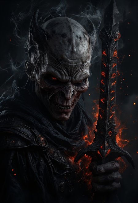 horror show, monster, nightmare, fear, Cinematic style
play of shadow and light, 
"A dark and menacing close-up portrait of an undead warrior or demon holding a cursed sword. His skin is pale and decayed, with sunken eyes and sharp, jagged teeth that give a sinister grin. Dark, smoky tendrils emanate from his head, adding an eerie and supernatural atmosphere. The intricate, gothic design of the sword features glowing red runes along the blade, pulsating with an ominous energy. The lighting is low, highlighting the details of his grotesque features and the textured, ancient metal of the weapon. Red embers float in the air around him, enhancing the foreboding, hellish mood of the scene."