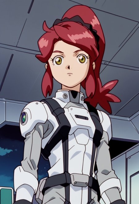 score_8, score_8_up, score_7_up, AWGXS, anime screenshot, retro artstyle,1990s (style), cel animation BREAK 1girl, female focus, solo,  red hair, ponytail, yellow eyes, pilot suit, normal suit, stand, salute, cowboy shot, looking at viewer