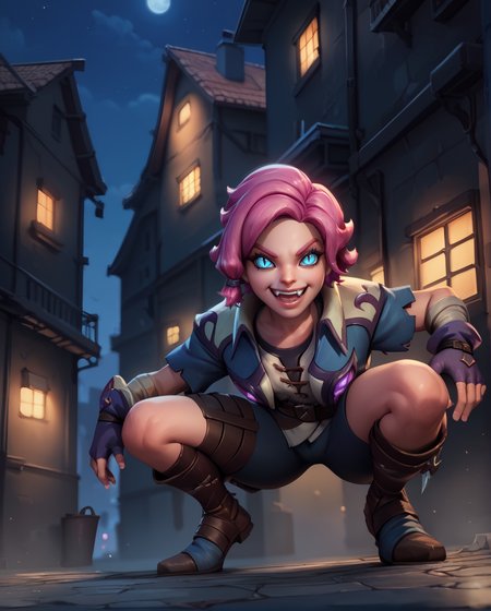 score_9,score_8_up,score_7_up,
maeve,solo.short pink hair with a hair knot,blue slit pupils,blue eyes, 
belt,fingerless gloves,shirt,coat,short sleeves,smile,grin,
rooftop,fantasy,leaning forward,fang,open mouth, squatting,  
night,alley,in the shadows,
<lora:maeve:0.8>,