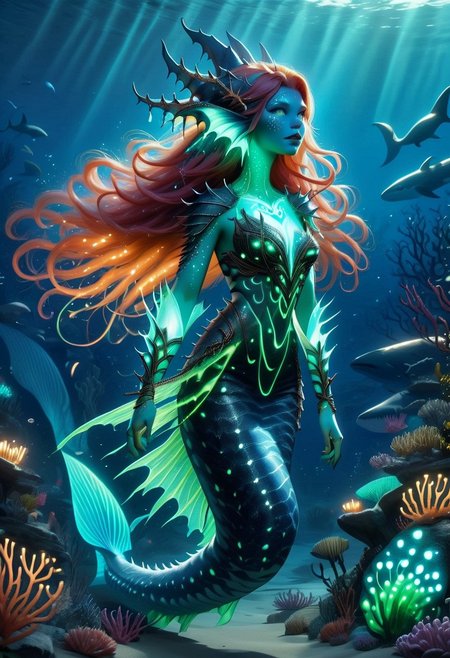 a feminine  curvy bioluminescent siren With copper hair, Brightly coloured long finger nails, fangs, bohemian horror, whale-shark spots, translucent dress, muscular arms, fins,benthic merfolk,glow