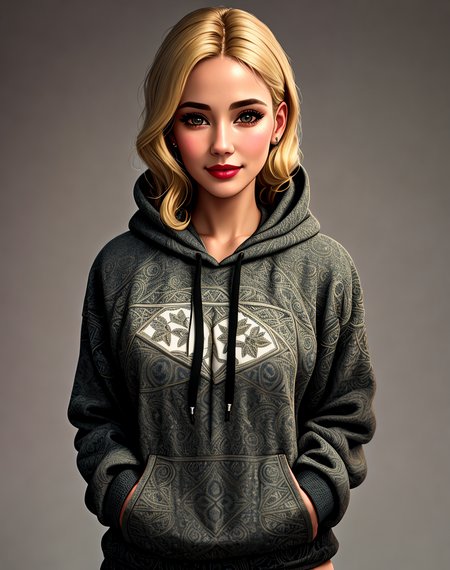 Masterpiece, absurdres,award winning photo, extremely detailed, amazing, fine detail, extremely detailed eyes and face, by lee jeffries nikon d850 film stock photograph 4 kodak portra 400 camera f1.6 lens rich colors hyper realistic lifelike texture dramatic lighting unrealengine trending on artstation cinestill 800 tungsten, beautiful blonde woman , slim, tiny waist, smiling, excited

<lora:HoodiesLoCon:0.675>,hoodie, a woman posing for a picture , goth style, intricate pattern and embroidery, wearing hoodie,