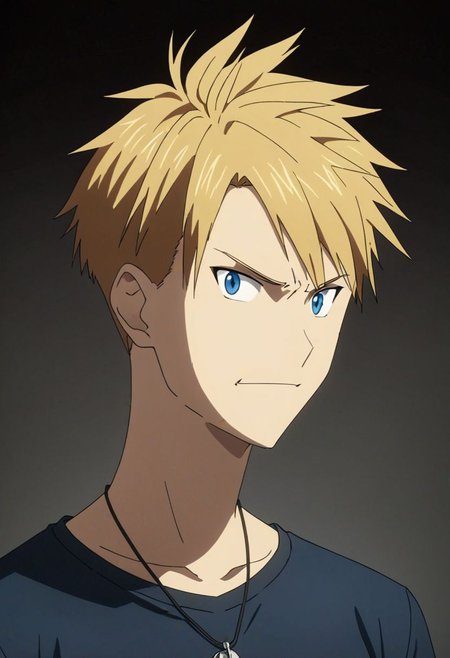 high resolution, professional photography, best quality, 1Boy, Yamato Ishida, blond hair, deep blue eyes, necklace, dark t-shirt, looking at viewer, focused gaze forward, plain background, straight body, head upright, angry, smile, OverallDetail