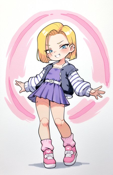 1girl, solo, <lora:qtkat:0.9> qtkat, traditional media, watercolor \(medium\), 
android 18, blonde_hair, blue eyes, black open jacket, mao jacket, purple open cardigan, lace-trimmed cardigan, thumb hole sleeves, long sleeves, purple dress, pleated dress, micro dress, short puffy sleeves, pink tube socks, pink reebok pumps, standing, arms open wide, exuberant smile, delighted expression, radiant aura, extremely detailed, highres, masterpiece, best quality