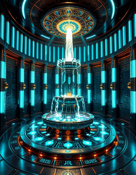 The center of a high-tech, alien temple-laboratory, where dark metallic walls shimmer under the glow of cyan vertical light tubes and faint sacred runes. In the middle of the chamber lies an elaborate biomechanical fountain, rising like an altar from a circular platform of engraved metal. The fountain pulses with iridescent liquid light, flowing in gravity-defying streams that spiral upward before cascading back into a glowing basin etched with ritual patterns. Bioluminescent veins run through the structure, illuminating the surrounding floor like circuitry. Overhead, a radiant, halo-like design casts a celestial glow, enhancing the surreal, sanctified atmosphere. The space exudes a fusion of sacred ceremony and alien technology, as if the fountain were a source of divine power worshipped by another world.
<lora:high-tech_alien_temple_f0unt41n:1>,high-tech alien temple f0unt41n,<lora:SDXLFaeTastic2400:0.4> <lora:extremely_detailed:0.4> extremely detailed, Masterpiece,best quality,hi res,8k,hi res,8k,award winning,(sharp focus, intricate, highly detailed),