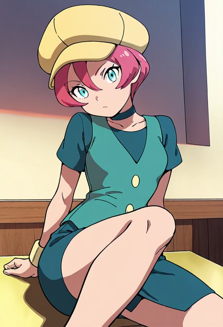 masterpiece, best quality, 1girl, solo, eyelashes, (beautiful eyes),    zzGeorgia, aqua eyes, pink hair, hair between eyes, short hair,  yellow cabbie hat, pencil skirt, green vest, choker,      <lora:GeorgiaPokemon_IXL_v3:1.0>,