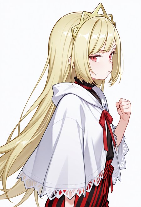 Smooth Quality,masterpiece,very intricate, high quality details, ultra realistic, high detailed skin,detailed enviorement,absurdres,
clenched hand,
 <lora:Ecute_CNR:0.8> ecute_cnr, 1girl, blonde hair, very long hair, red eyes,, simple background, white background, from side,solo,, raised eyebrow,, poncho,   ,qipao top,  ,striped pants,  ,