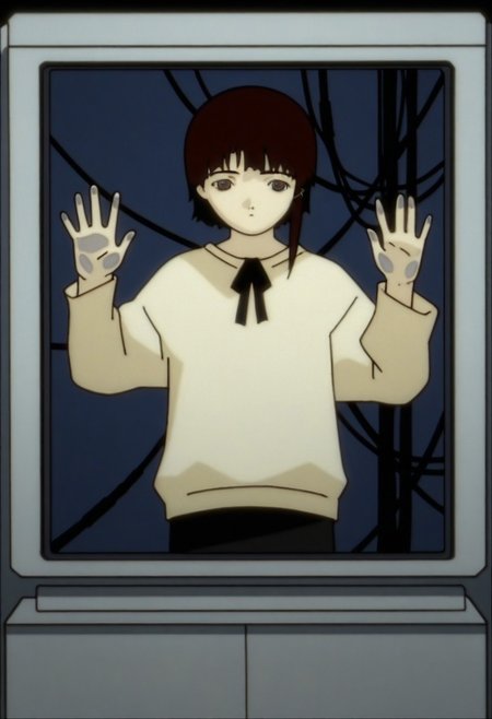 1girl,  iwakura_lain_\(sel\), oversized tan shirt, neck ribbon, black skirt, Old TV screen, against glass, hands on glass, film grain, vhs, cables,