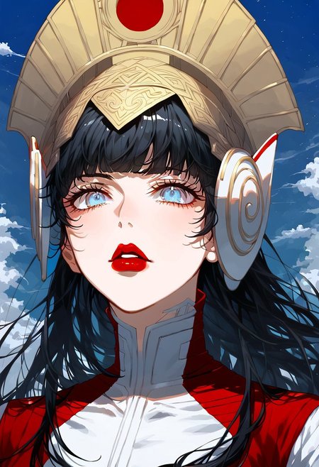 1girl, full body panagiataosmtv, long hair, black hair, blunt bangs, blue eyes, helmet, white bodysuit, red skirt,yellow field, dark deep blue sky, evening. upper body shot, closeup, portrait, sky, clouds, blacklight, dappled light,dappled sunlight  <lora:sxz-Slavic-Fantasy-pdxl:0.75>, BREAK, score_8_up, score_7_up, Expressiveh, slavic,kanekostyle, lipstick, eye shadow, eyelashes