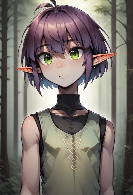 ASCIILapanya, 1 person, solo, pointy ears, ((snout nose)), flat chest, small nostrils, short stature, skinny arms, ((hazel irises)), fair skin, ((dark lilac hair)), short hair, tomboy haircut, small nostrils, 3 fingers 1 thumb ((Sleeveless green vest, fitted black undershirt, black pantaloons, fully clothed))
((Forest background)), fully clothed, 
clean lines, up close, upper body focus, highly detailed face, high quality, best quality,  score: 9, score: 8 up, rating: safe