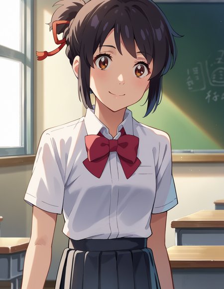 score_9, score_8_up, score_7_up, source_anime,
mitsuhamiyamizu, <lora:mitsuha-miyamizu-ponyxl-lora-nochekaiser:1>,
mitsuha miyamizu, black hair, brown eyes, smile,
short hair, bow, ribbon, hair bun, school uniform, hair ribbon, bowtie, red ribbon, shirt, white shirt, collared shirt, short sleeves, skirt, black skirt, pleated skirt,
indoors, classroom,
looking at viewer, dutch angle, cowboy shot,