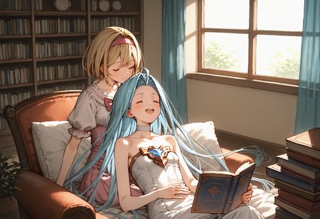 score_9, score_8_up, score_7_up, masterpiece, best quality, very aesthetic, absurdres, living room, clear eyes,
<lora:JitaRuri-PonyV6:1>  jitaruri, reading book,
2girls, yuri, blush, happy,  skinny, body_slim,
lyria \(granblue fantasy\), (very long hair:0.9), blue hair, medium breasts, small breasts, white cami-dress, strapless, , (white choker:0.6),
djeeta \(granblue fantasy\), short hair, blonde hair, medium breasts, hairband, pink blouse,
<lora:Amano_Kozue_å¤©éããã_Style_Pony:0.8> amano_kozue,