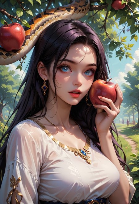 score_9, score_8_up, score_7_up, score_6_up, score_5_up,  dynamic camera angle, closeup, 1girl, scene of a girl about to eat an apple, BREAK, 1girl, beautiful 24 years, very long dark hair, medium breasts, dazzling blue eyes, white tunic, holding apple, mouth open, about to bite apple, standing under a lush fruit tree, BREAK, ((large snake in frame, dangling from a tree branch, watching girl)), BREAK,
foreboding, high definition, best quality, ultra detailed, 8k