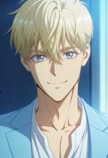 masterpiece, best quality, amazing quality,high resolution,official style,depth of field,anime screencap,anime coloring , , , 1boy, solo, male focus, <lora:Noah_Luire:0.90>,  noah luire,blonde hair,grey eyes,short hair,hair between 
 eyes,portrait,collarbone,smile,white shirt,blue jacket,collared shirt,looking at viewer