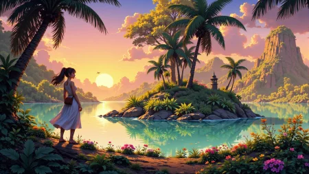 a tropical paradise beautiful anime landscape, sunset, woman, very intricate, very detailed, sharp, bright, colorful, <lora:Hand v2:0.5> <lora:Anti-Blur:1><lora:Insane Detail Slider:0.25>  <lora:flux.1_lora_flyway_Epic-detail_v2:0.3> <lora:fluxenhancer:0.25> <lora:ROWER:0.8>  <lora:Anime Niji:0.8> animeniji, niji