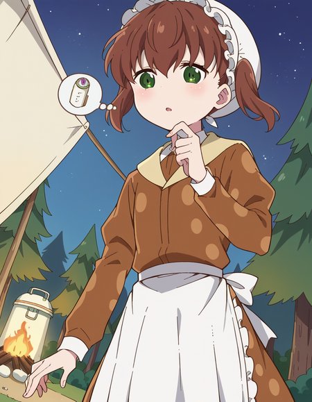 score_9, score_8_up, score_7_up, source_anime, <lora:nae-saikawa-s2-ponyxl-lora-nochekaiser:1>, nae saikawa, bangs, brown hair, hair between eyes, twintails, green eyes,, skirt, shirt, long sleeves, hat, collared shirt, apron, white headwear, polka dot, waist apron, white apron, frilled apron, brown shirt,, camping, bonfire, tent, stargazing, marshmallows, forest clearing, night, , , from below, solo,, dutch angle,