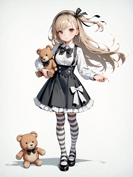 <lora:XL_myzy style(pony)-000003:0.8>,score_9,score_8_up,score_7_up,best quality,masterpiece,source_anime,myzy style,1girl,solo,striped,striped legwear,stuffed toy,thighhighs,stuffed animal,long hair,teddy bear,white background,skirt,full body,shirt,looking at viewer,simple background,shoes,long sleeves,ribbon,one side up,suspenders,brown eyes,suspender skirt,black footwear,hair ribbon,bow,white shirt,standing,holding,light brown hair,bandages,bowtie,high-waist skirt,black skirt,blush,collared shirt,bangs,mary janes,holding stuffed toy,black ribbon,black bow,hairband,casual,black neckwear,frills,layered skirt,wind,brown hair,