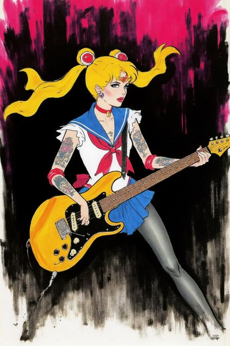 fashion sketch 
punk sailor moon playing a guitar at a heavy metal mosh pit, tattoos, piercings.
 <lora:regr2_fashion_nocap_d6a3:1.0><lora:807661990341318543:0>