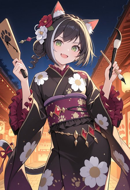 highres, best quality, masterpiece, outdoors, night, lights, new year, sidelighting, contrapposto, 
1girl, solo, pcrcal, black hair, streaked hair, cat ears, animal ear fluff, cat tail, green eyes, ringlets, 
calny, hair flower, red flower, white flower, single hair bun, crown braid, black kimono, print kimono, frilled kimono, jewelry, belly chain, red gemstone, gem, paw printed obi, floral print, purple obi, long sleeves, tail ribbon,
looking at viewer, smile, serious, fang, open mouth, 
calligraphy brush, paddle, holding paintbrush, hagoita, fhands up,
<lora:_kyaru_pcr-elesico-ilxlC:1>