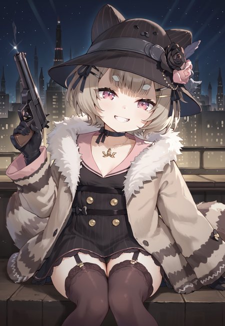 1girl, solo, solo focus, highres, absurdres, FamigliaPanko, short hair, raccoon ears, 

black choker, long sleeves, bangs, hair ornament, hairclip, raccoon tail, animal hat, black dress, brown thighhighs, pink eyes, brown hair, fur-trimmed coat, animal ear fluff, black ribbon, hat flower, sleeves past wrists, black headwear, black gloves, pink sailor collar, hair ribbon, jacket, collarbone, garter straps, necklace, thick eyebrows, small breasts, striped tail, double-breasted, buttons,

looking at viewer, sitting, knee up, hand up, holding gun, handgun, m1911, evil grin,

cityscape, neon lights, dark, night, night sky, 

light particles, backlighting, shade, light rays, lens flare, shiny skin, fine fabric emphasis,