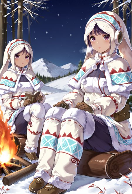 (score_9:0.9),score_8_up,score_7_up,rating_safe,anime style,(zPDXL),<lora:lagombi armor ponyXL v1:0.8>,2girls,lagombi armor,white hat,white gloves,white knee boots,solo,1girl,purple eyes,blush,sitting,looking at viewer,full body,snow,campfire,camp,dark-skinned female,mature female,<lora:MatureFemalePony:0.6>,